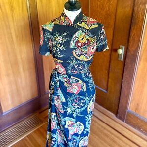 Harari Silk Mandarin Collar & Sarong Tie Wrap Skirt Matching Set, Fan Floral Med